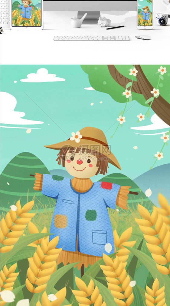 夏天小满麦田间的稻草人插画图片