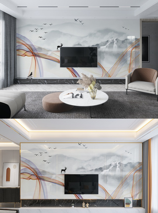 新中式客厅装修新中式传统装饰金色简约背景墙模板