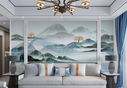 山水中国风背景墙装图片
