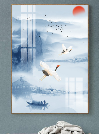 室内ps素材新中式山水中国风祥云仙鹤喜鹊装饰画模板