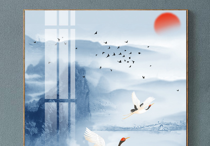 新中式山水中国风祥云仙鹤喜鹊装饰画图片
