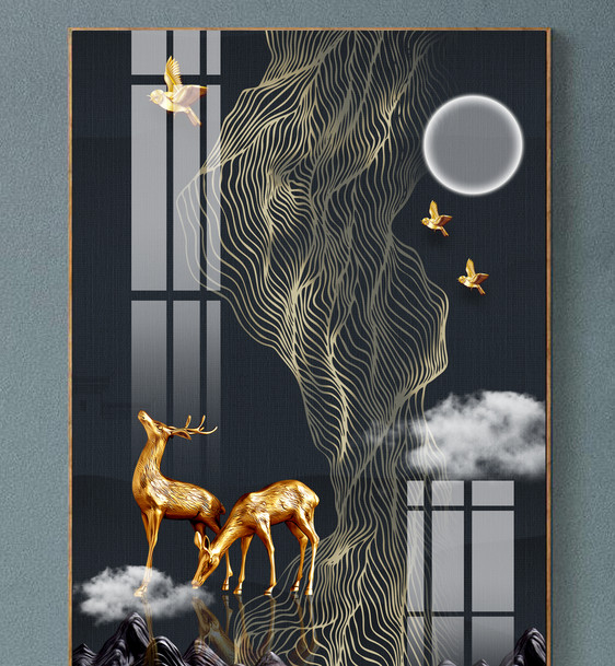 鎏金宇宙深空线条黑夜麋鹿装饰画图片