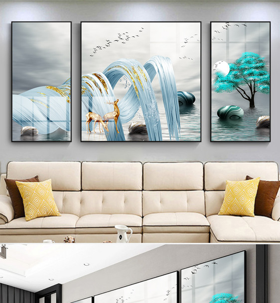 现代抽象三联客厅麋鹿金色树装饰画图片