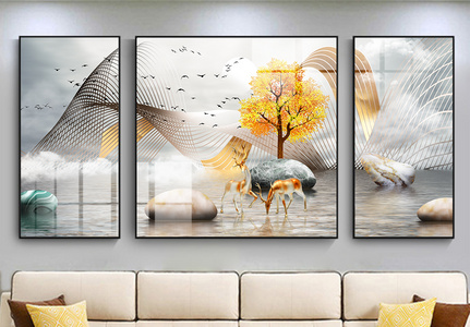 轻奢麋鹿风景艺术倒影创意线条三联装饰画图片