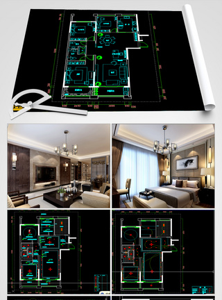 全屋定制cad图纸现代公馆三室两厅施工图纸+4张效果图模板
