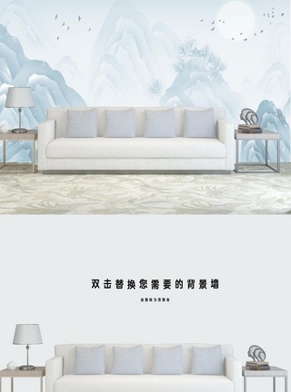新中式客厅背景墙山水场景样机图片