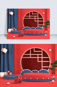 红色喜庆C4D海报背景中国风美妆电商促销图片