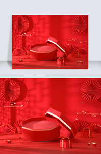 红色喜庆C4D中国风背景美妆珠宝素材折扇图片