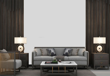 棕色新中式家装样机设计高清图片