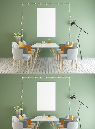 室内装修样机绿色背景餐桌餐厅样机设计模板
