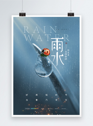 简约大气瓢虫雨水节气海报图片