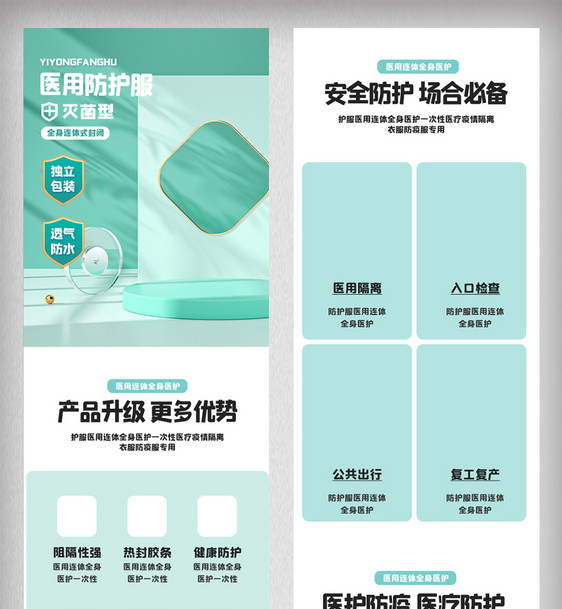 绿色清新医疗详情页医用防护服网页图片