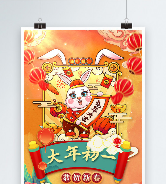 中国风2023兔年大年初一创意海报设计图片