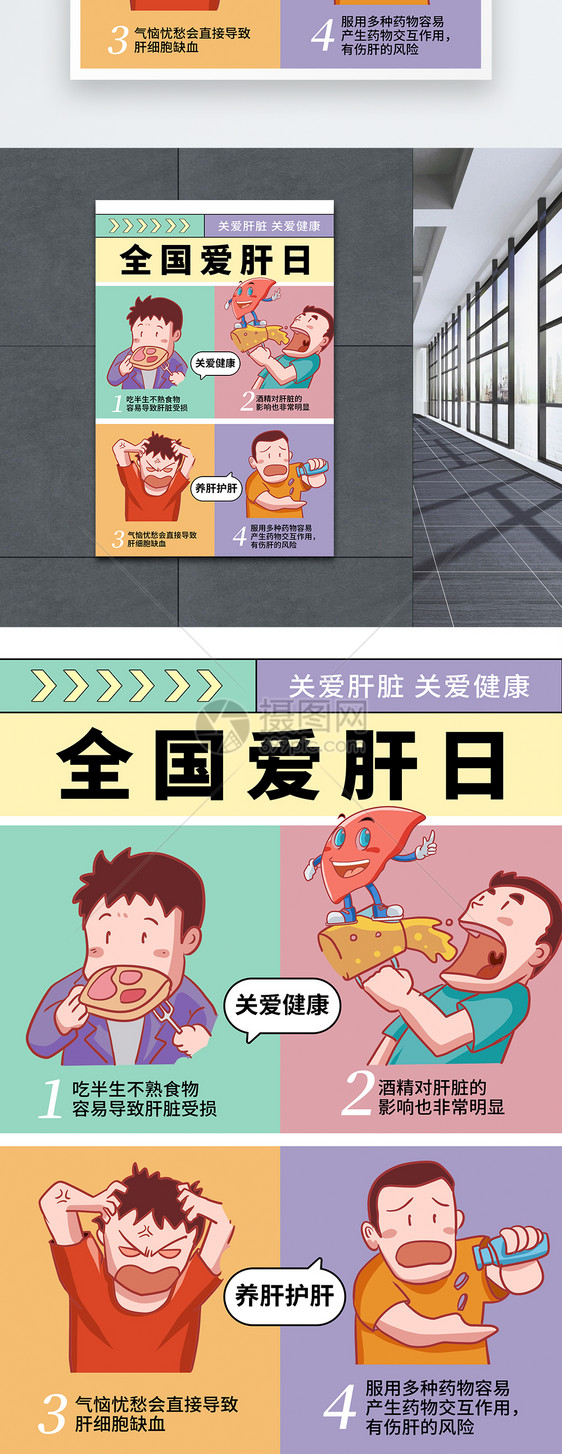 漫画风时尚简约全国爱肝日海报图片