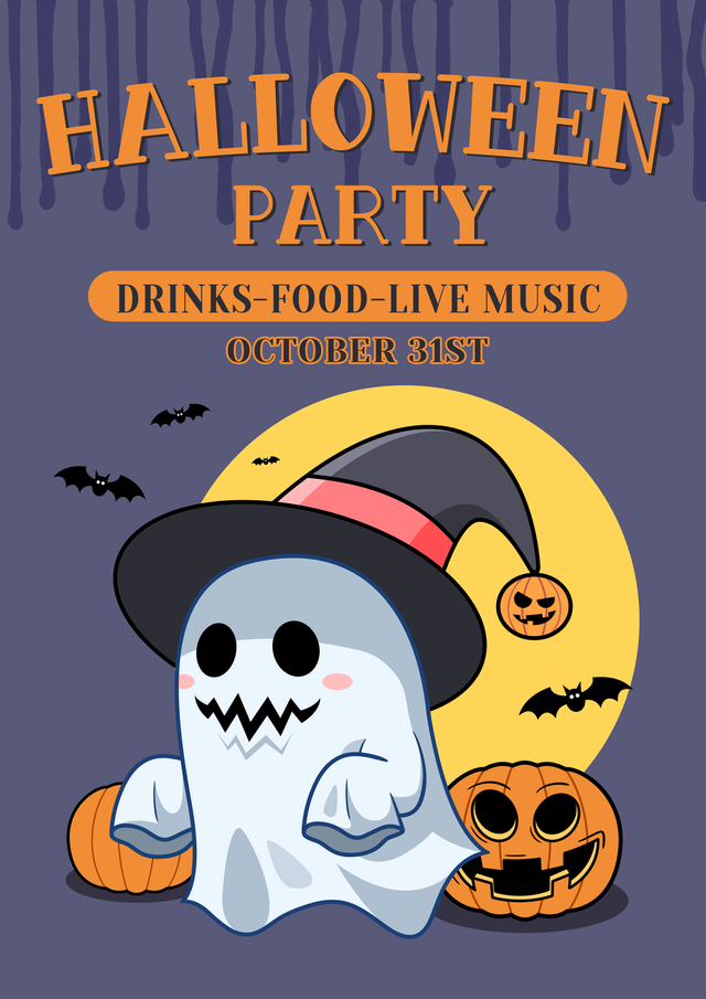 黑色幽灵万圣节卡通鬼在夜派对海报上戴着巫师帽和南瓜头模板