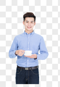 商务男性手拿咖啡杯喝水放松状态图片