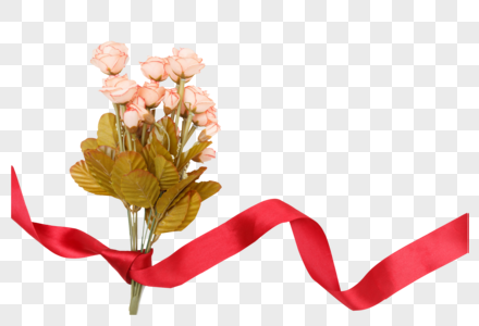 红色丝带与玫瑰花朵图片
