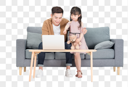 爸爸和女儿在客厅沙发使用电脑学习图片