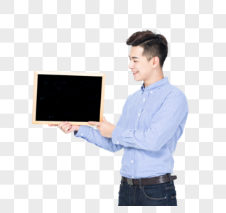 年轻男性手拿小黑板展示图片图片