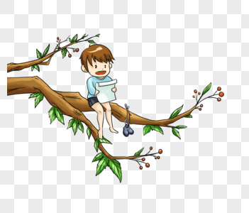坐在树枝上的男孩图片