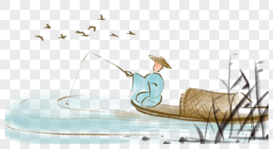 船难钓鱼的老翁素材
