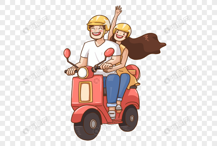 免抠元素 手绘/卡通元素 摩托车 骑着摩托车的男女.png