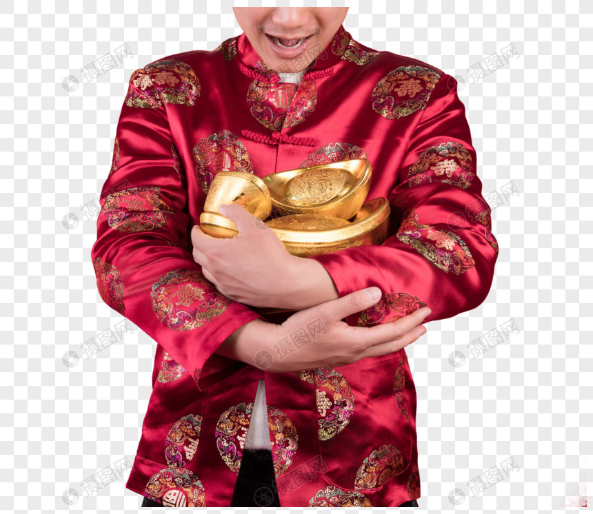 新年男性抱着金元宝图片