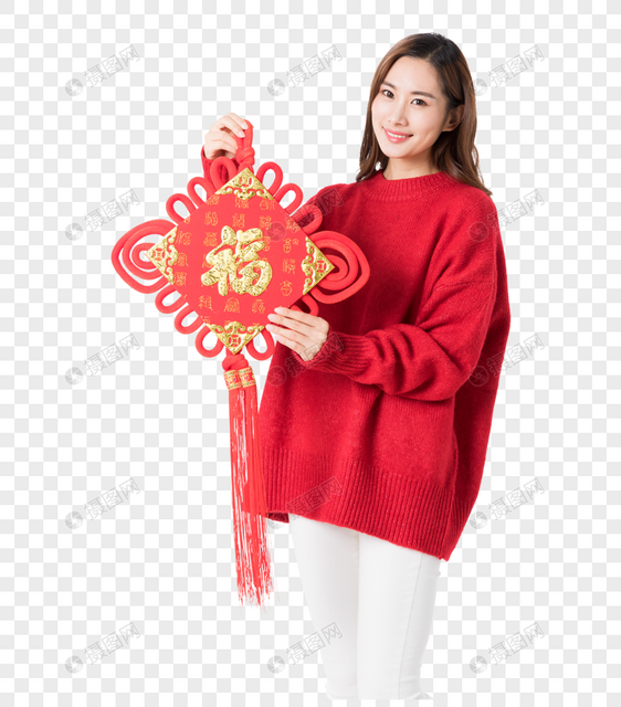 新年女性拿红色中国结图片