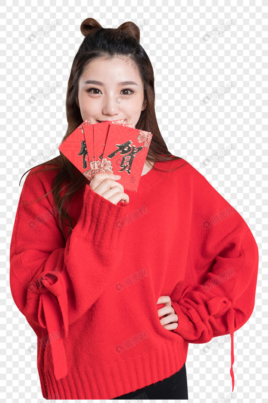 红色毛衣的可爱女生发红包图片