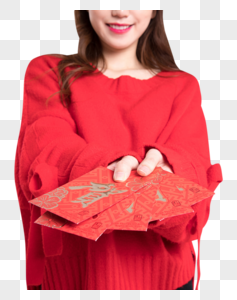 红色毛衣的可爱女生发红包图片图片