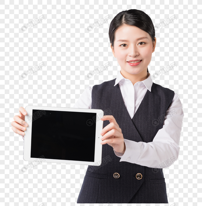 亲和自信的职场女性手拿平板展示图片