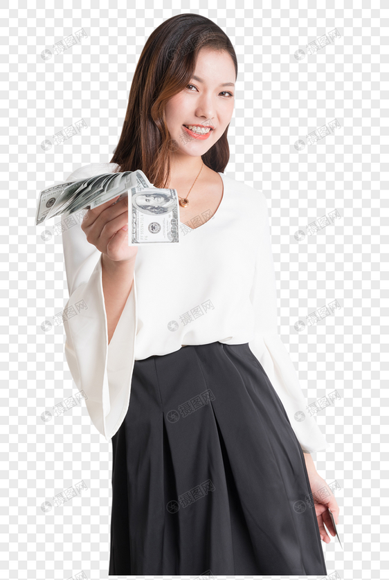 年轻美女拿着美钞外币图片图片