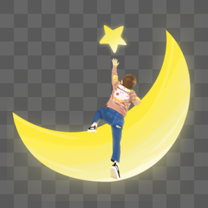 趴在月亮上摘星星的男孩图片素材