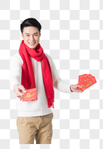 新年人像男性双手拿红包图片