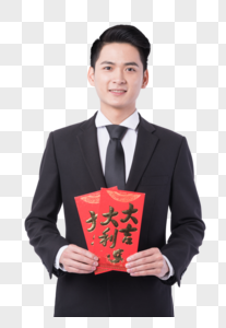 手拿红包的新年男性人像图片