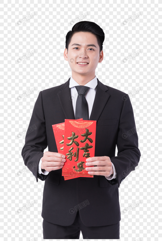 手拿红包的新年男性人像图片