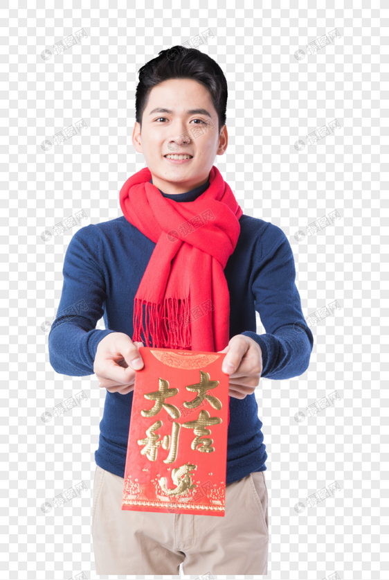 手拿红包的新年男性人像图片