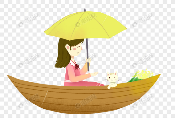 撑伞坐在船上的孩子图片