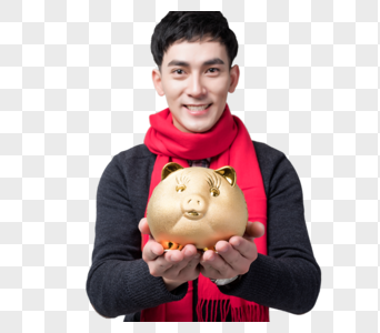 新年喜庆男士人像手捧金猪图片