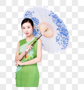 手持青花油纸伞的旗袍美女图片