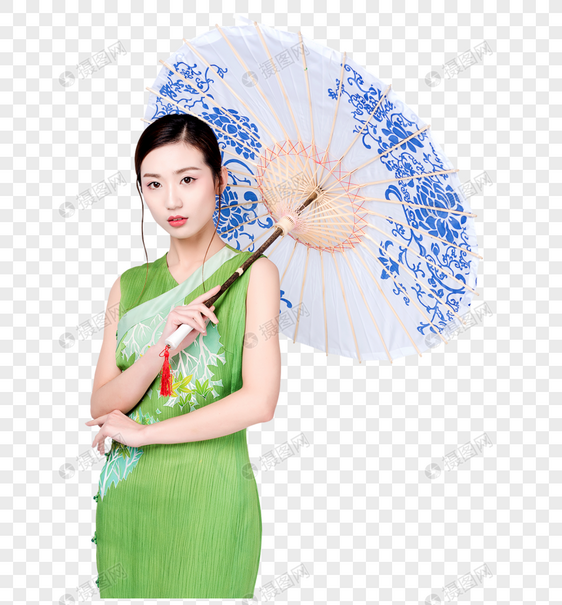 手持青花油纸伞的旗袍美女图片