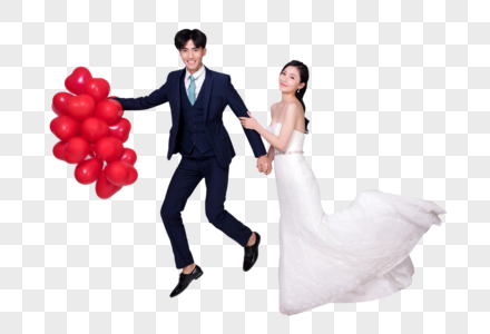 情侣婚纱持爱心气球夸张动作高清图片