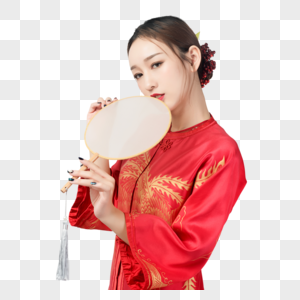 身着红装的美女手持蒲扇图片