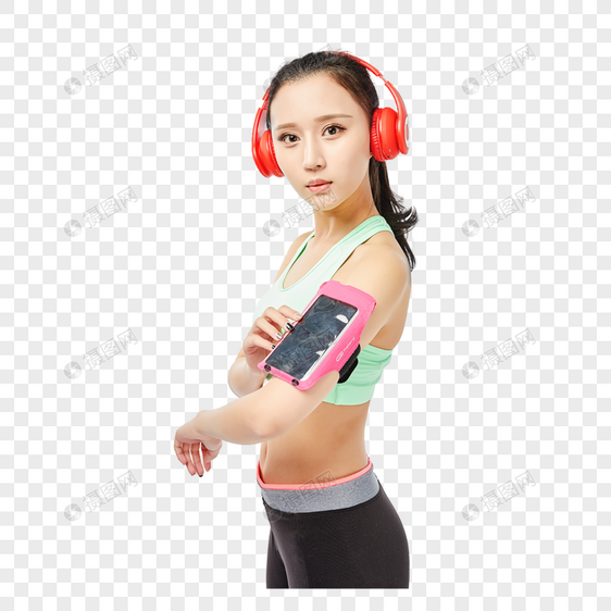 青年女性跑步使用电子产品图片