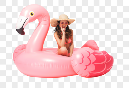 粉色比基尼的可爱美女坐在火烈鸟游泳圈图片