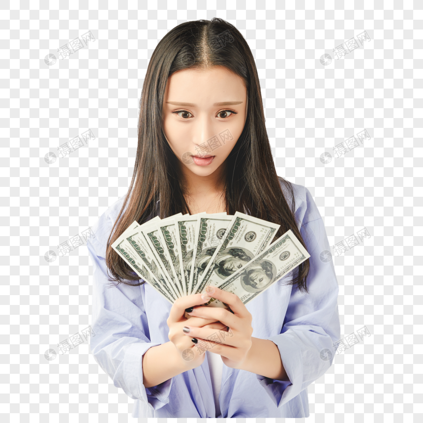 年轻女孩手拿钞票惊讶表情图片