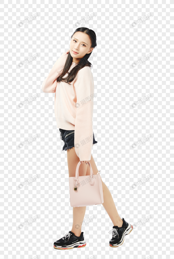 年轻女孩背包购物动作图片