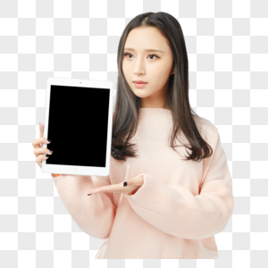 年轻女孩平板电脑展示动作图片