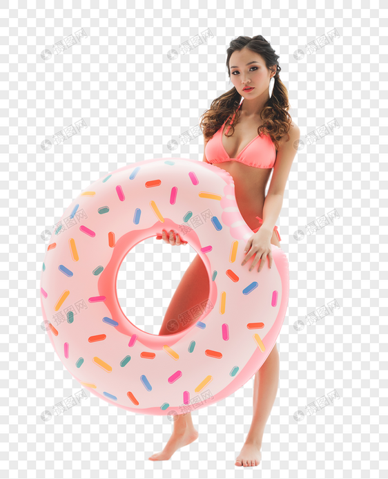 穿粉色比基尼的可爱女生拿着甜甜圈图片