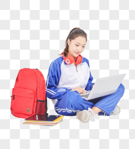 女高中生使用电脑远程学习坐姿高清图片